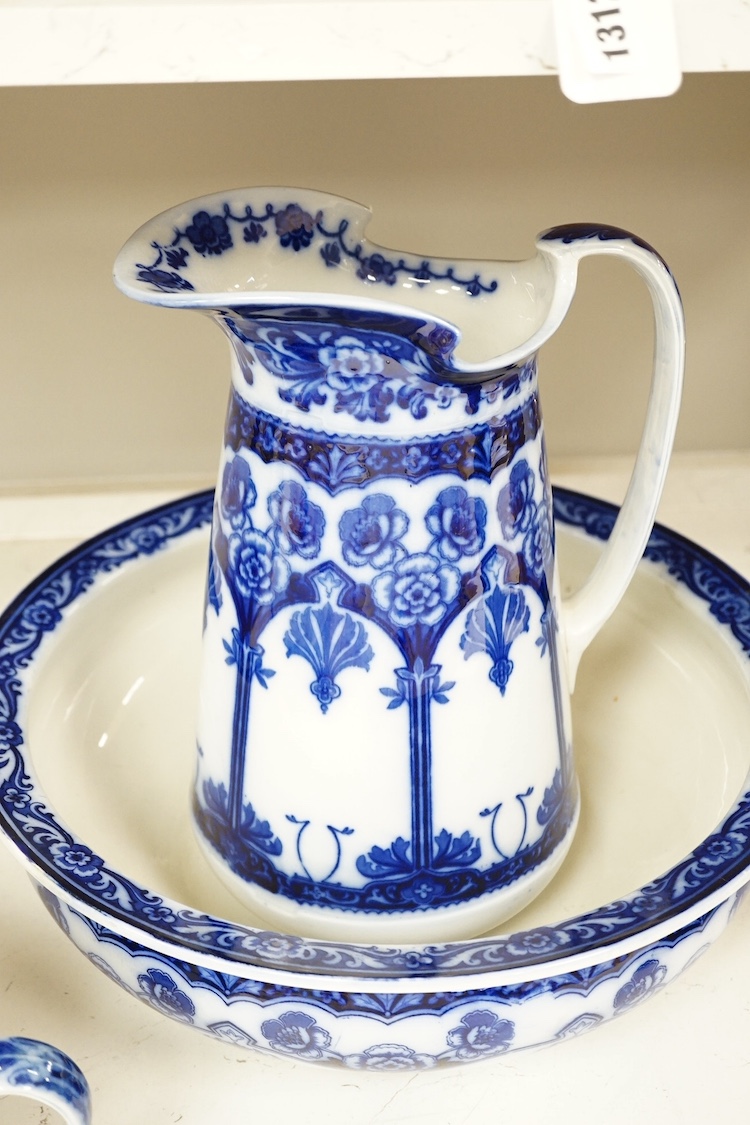 A Furnival & Sons Carlton Victorian flow-blue bedroom trio, largest 42cm diameter. Condition - good